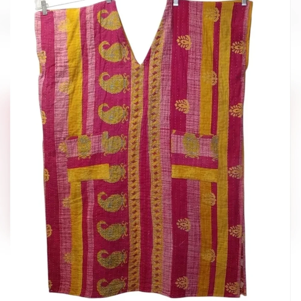 Kantha Patchwork Kimono Tunic Poncho Top Colorful Patch Pockets Woman One Sz #C